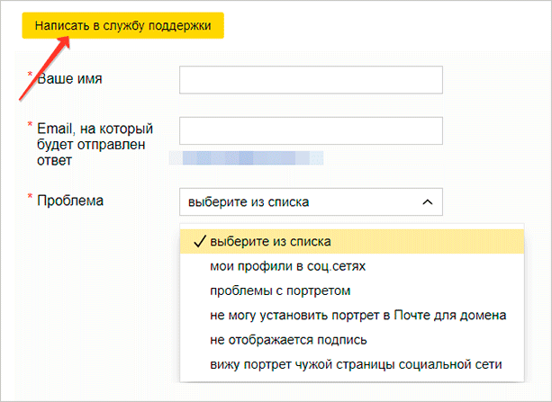 Форма запроса в ТП Яндекса