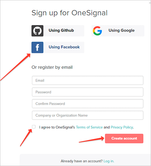Форма регистрации OneSignal