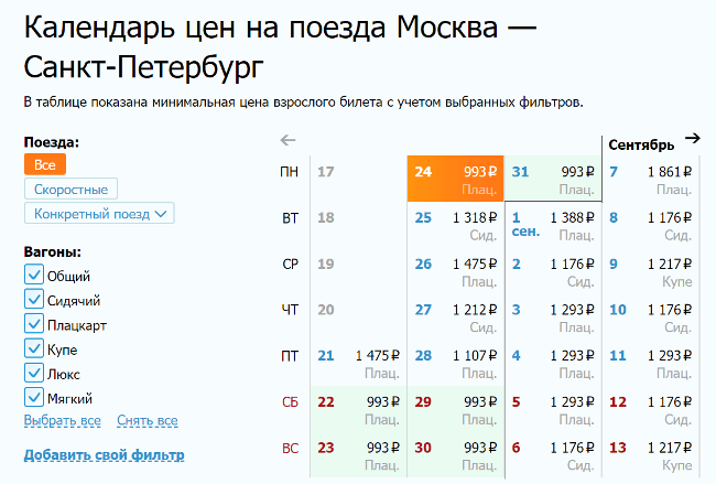 “Календарь цен” на Poezd.ru
